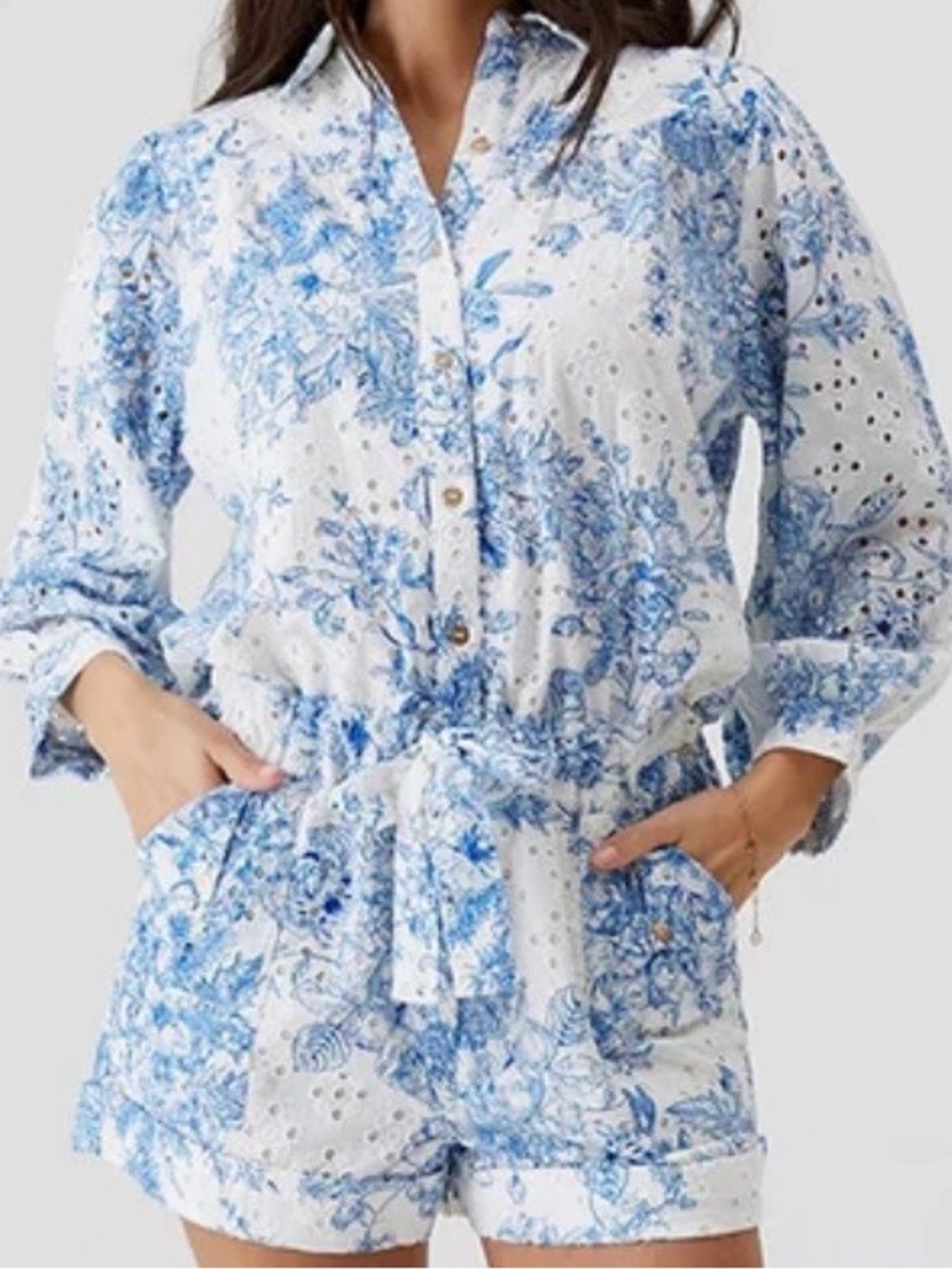 Women’s Blue Floral Eyelet Romper - White & Blue